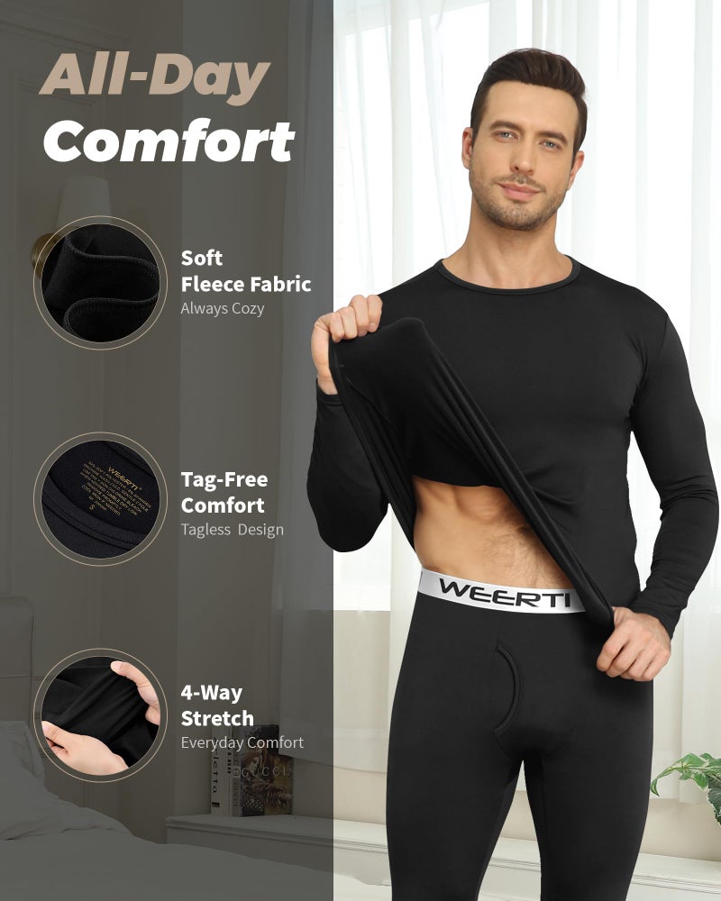 WEERTI Thermal Underwear for Men Long Johns with Fleece Lined Base Layer Men Cold Weather Top Bottom Black - Image 2